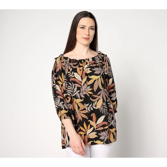 Susan Graver Tops - Susan Graver PURE Rayon Woven 3/4-Sleeve Peasant Tunic Womens L Black Copper NEW